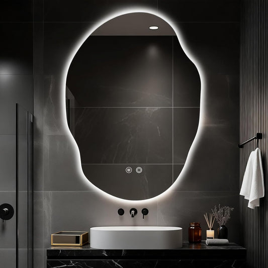 Asymmetrical Bathroom Mirror with Lights,Irregular LED Bathroom Vanity Mirror with Backlit,Anti-Fog,3 Colors and Dimmable Light with Memory,Hardwired Supported[Horizontal/Vertical] 35" H x 25" W