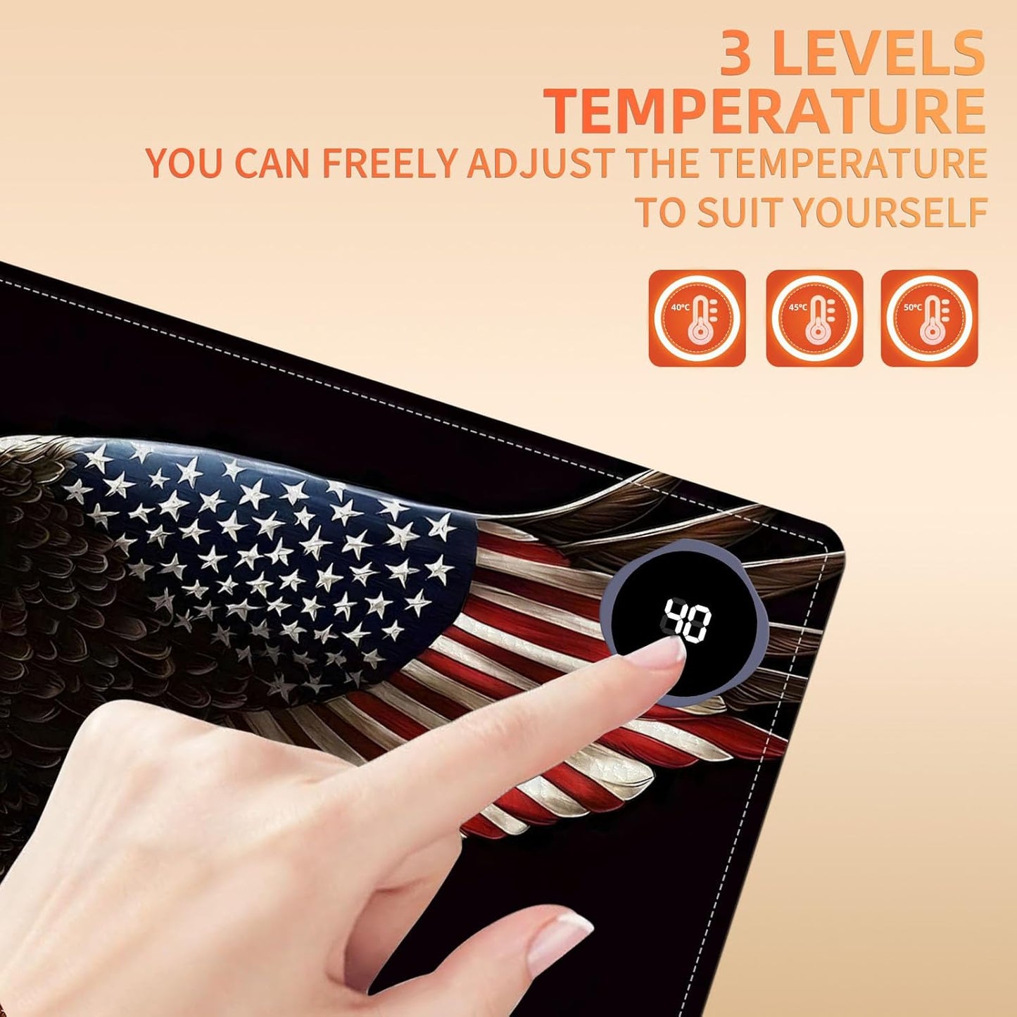 Heated Mouse Pad, Warm Desk Pad, Keyboard Mat 23.6 x 14 Inch Large Size Intelligent Fast Heating, 3 Speed Adjustable, Timed Auto Power Off for Game Office Home, Soaring American Flag Eagle
