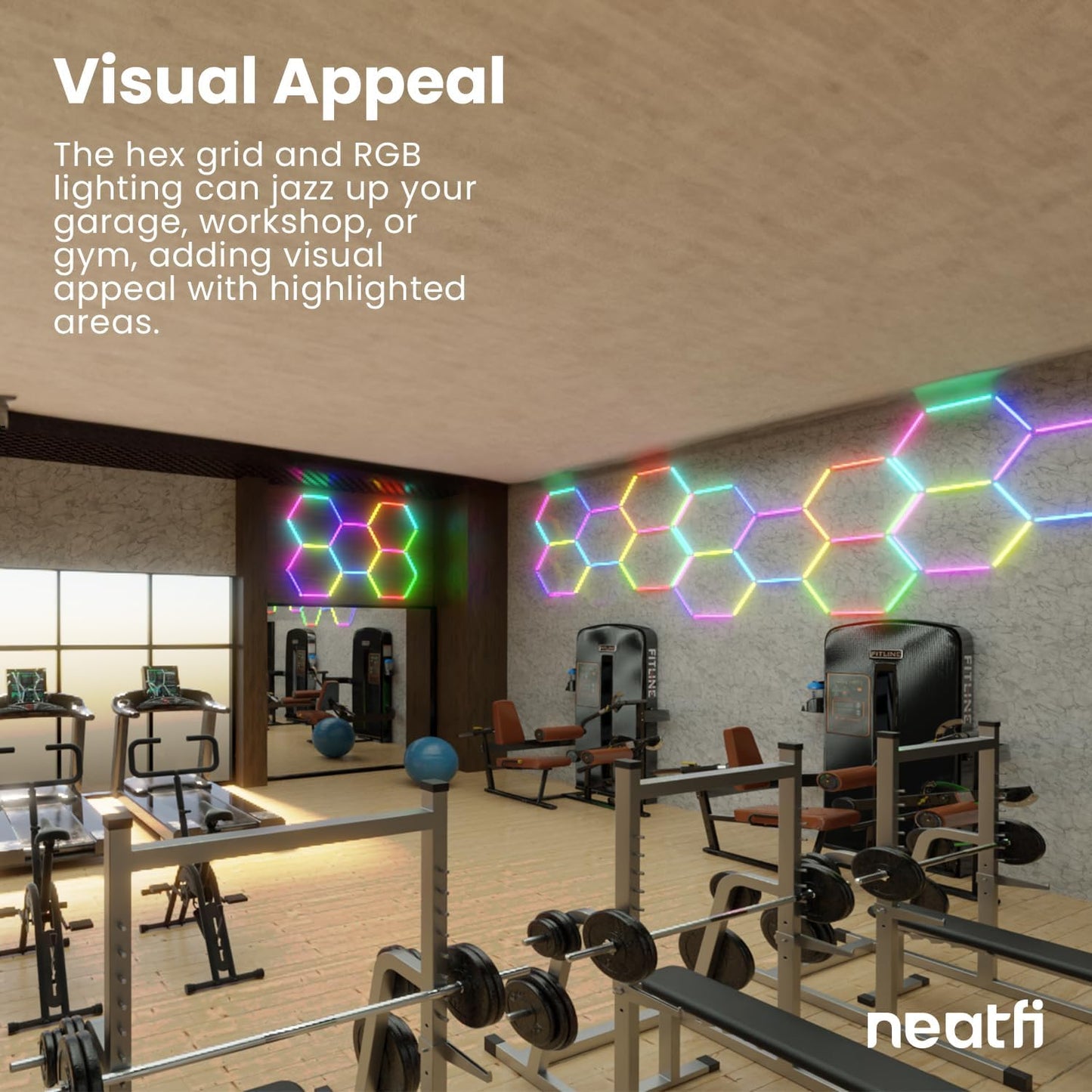 Neatfi LED Hexagon Garage Lights, 43.2W, Honeycomb Ceiling Light for Auto Shops, Car Detailing, Workshop, Gym, Basement, Warehouse, Barber Shop and Beauty Salons (5 Hex Grids, RGB)