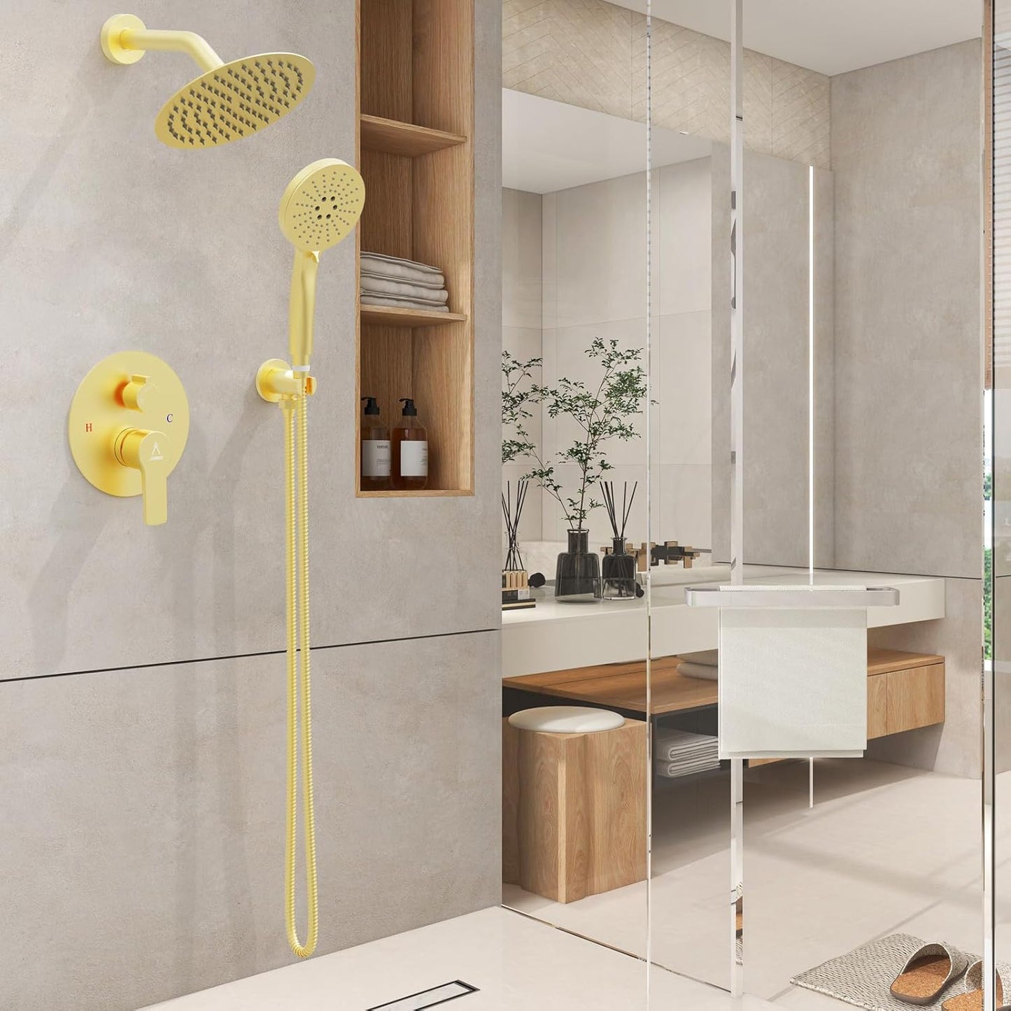 Shower Faucet Set Brass 8IN Rough-In Valve Body Trim Kit Rainfall Included Handle Accessories Complete 2 Functions with Rain Head and Handheld Bathroom Systems (8‘’, Brushed Gold)