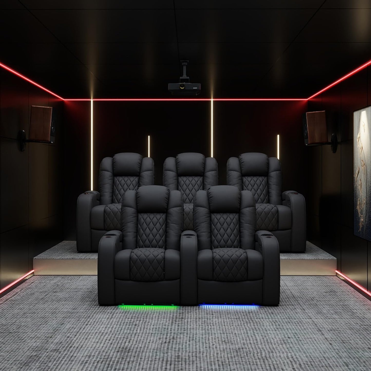 Weilianda Home Theater Seating Top Grain Leather Zero Gravity Recliner Chair Power Headrest Recline Movie Seat Gaming 7 Colors Mood Light Sofa with Tray Table USB Charge Row of 5 Loveseat Left Black