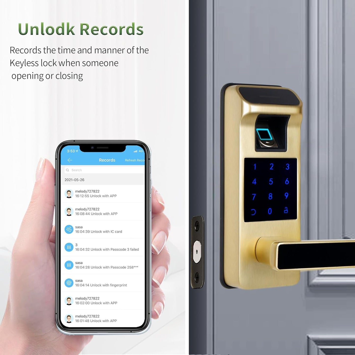 Harfo Smart Door Lock, Heavy Duty 5 in 1 Keyless Entry Door Lock, Full App Control Digital Keypad Lock, Reversible Handle with Fingerprints and Passcodes for Family/Office/Apartment (Gold)