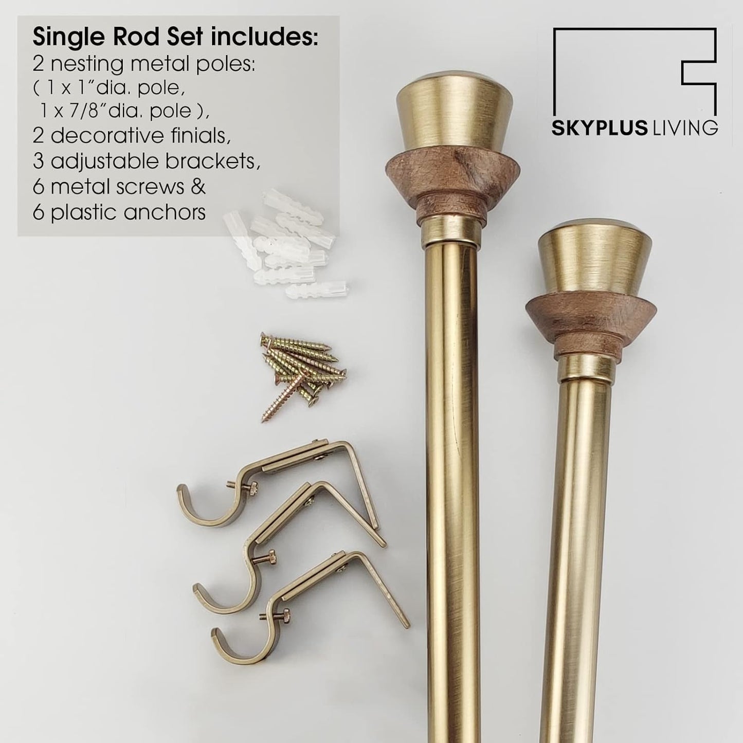 Modern Style Single Curtain Rod Set with Antique Brass Round Wood Look Finial, 36-72 in, Standard Single Whtie Drapery Rod for 1 Pack, 1 in diameter, Adjustable Length