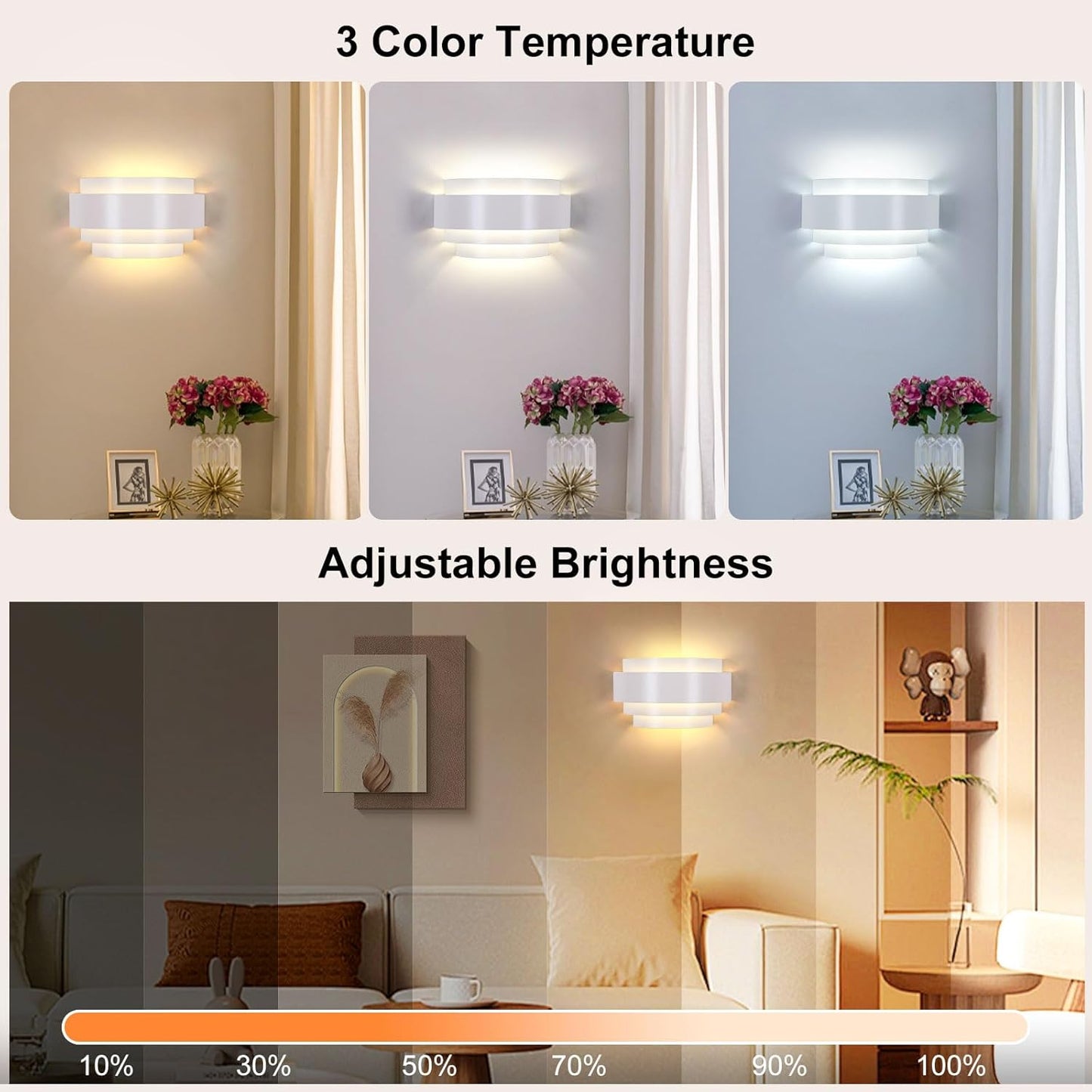 Lightess Battery Operated Wall Sconces with Remote Control, Dimmable Sconce Wall Light, Indoor Cordless Wall Lamp with Rechargable Bulb for Living Room Bedroom, White