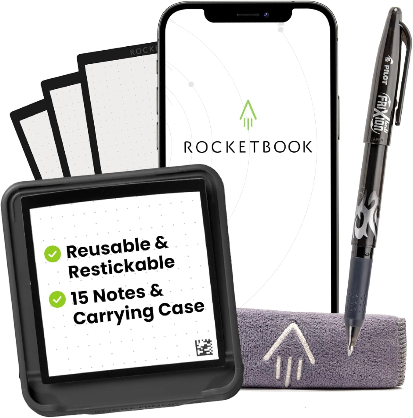 Rocketbook Reusable Sticky Notes Starter Pack, Restick and Reorganize Memo Pads, 3"x3", 15 Black Sticky Notes, Includes Pen, Towel + Carrying Case (Kit of 1)