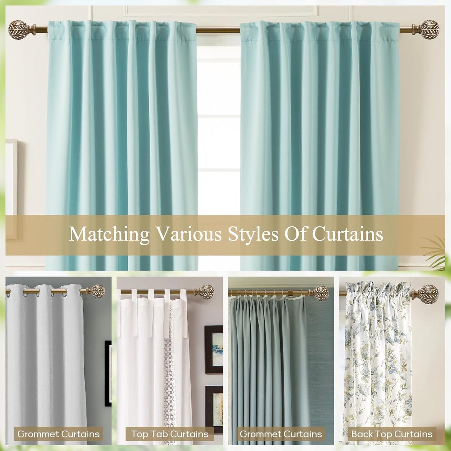 Boho Wooden Curtain Rods for Windows 48 to 84 Inches(4-7 ft), Adjustable Heavy-Duty 1" Diameter Drapery Rod with Imitation Wood-Grain Leaf-Pattern Finials - for Living Room & Bedroom，36-88''
