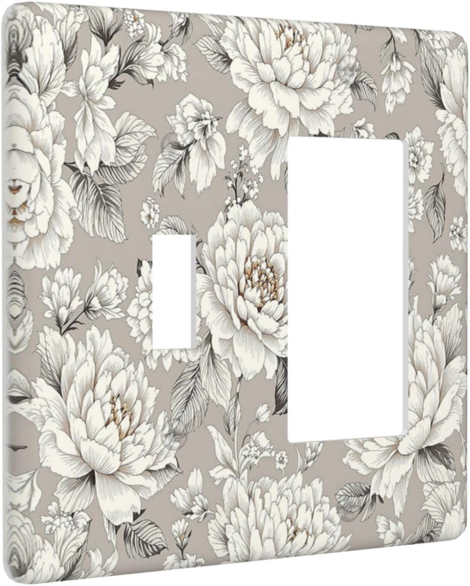 White Poppies Floral Modern Grey Peonies Flowers Outlet Covers 1 Toggle 1 Rocker Combination Light Switch Cover Plate Decorative Wall Plate Electrical Switch Plates for Bedroom Bathroom