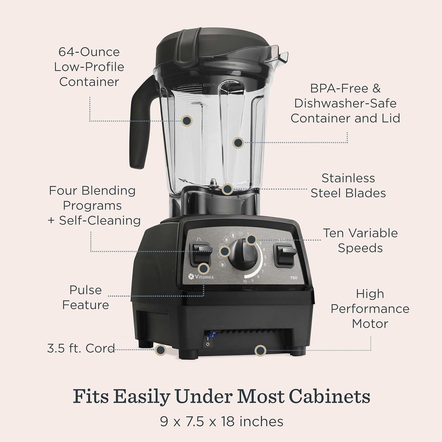 Vitamix Propel Series 750 Blender with Four Blending Programs, Self-Cleaning Program, Professional-Grade Blender for Smoothies, Soups and More, Stainless-Steel Blades, 64 Oz Container, White