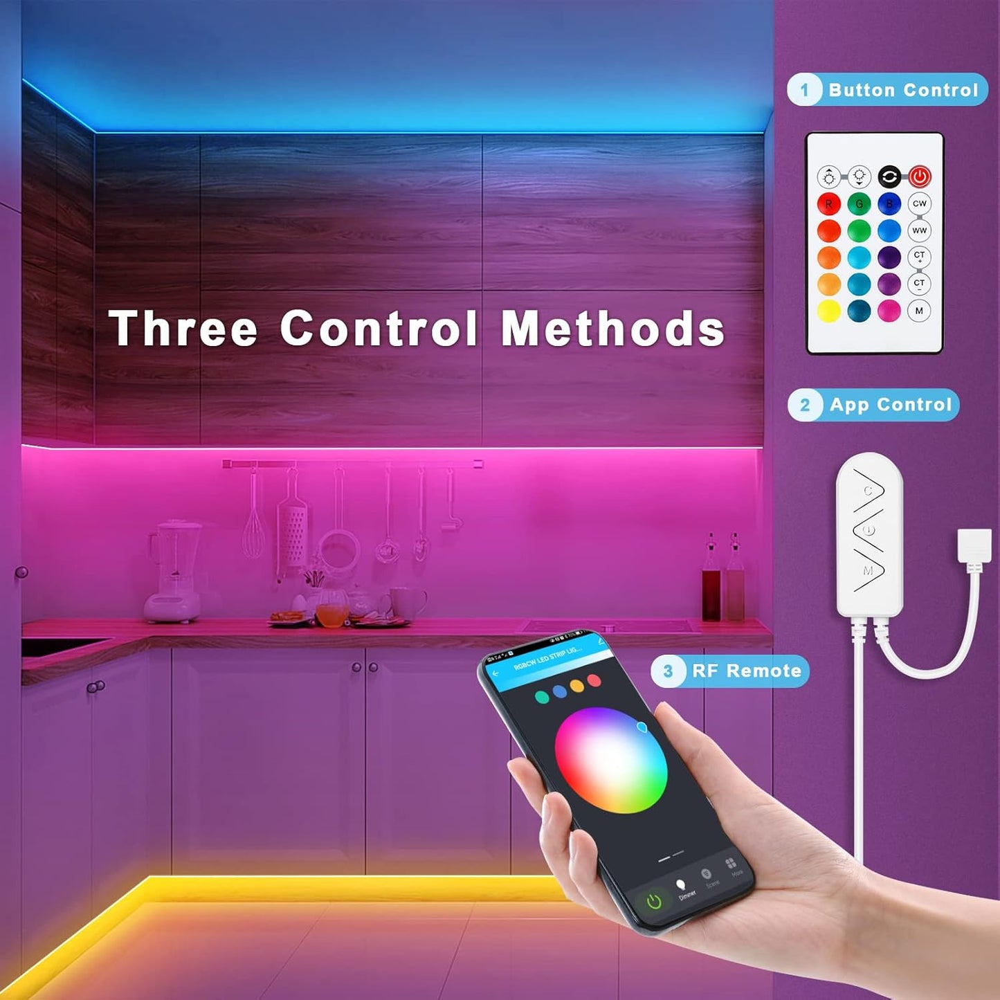 RGBWW Bluetooth LED Strip Lights, 65.6ft Tunable White 3000K to 6500K+RGB Led Light Strips, Music Sync Color Changing Indoor LED Rope Lights for Cabinet, Bedroom,2 Roll of 32.8ft