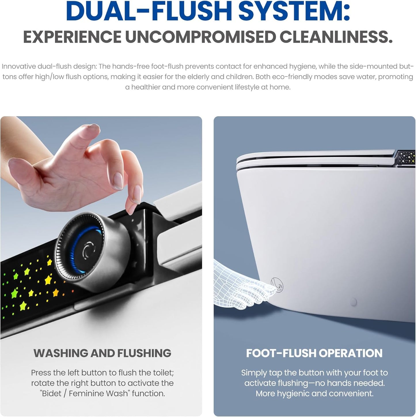 Smart Toilet, ADA Height Elongated with Quiet Dual Pump, 4-Level Heated Seat, Foot Sensor & Automatic Flushing, LED Light
