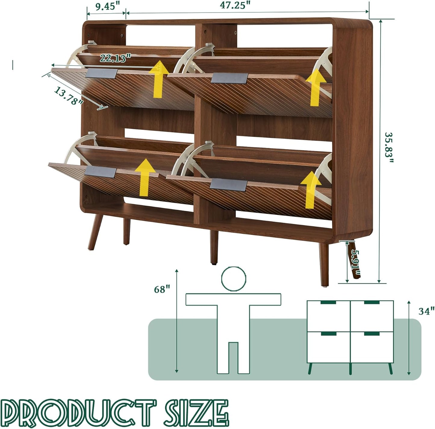 47" Fluted Large Shoe Cabinet with 4 Flip Drawers, Slim Freestanding Shoe Cabinet Organizer, Narrow Shoes Storage Rack for Entryway, 5 Sturdy Legs (All Walnut, 9.45" D x 47.24" W x 35.83" H)