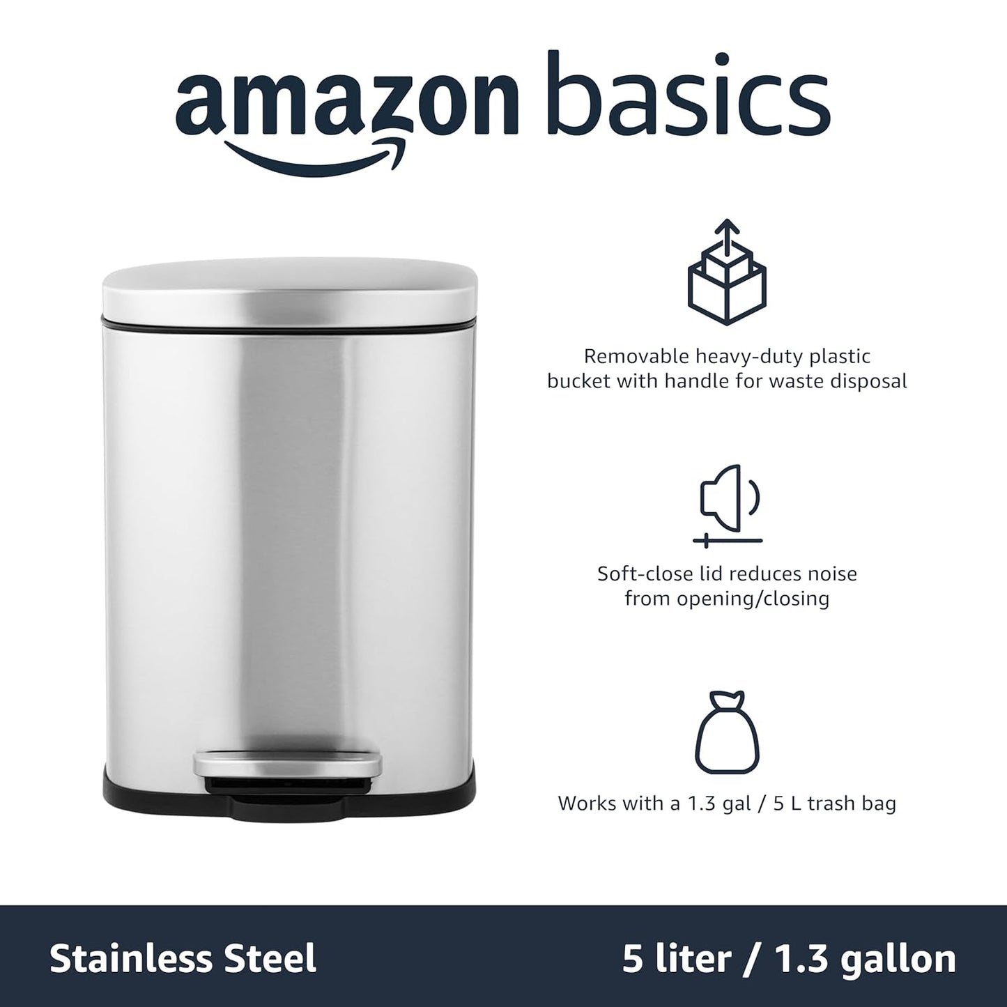 Amazon Basics Smudge Resistant Mini Rectangular Trash Can With Soft-Close Foot Pedal, Brushed Stainless Steel, for Bathroom & small space, 5L/1.32 Gal, 7.3x8.5x11.8 in, Satin Nickel Finish