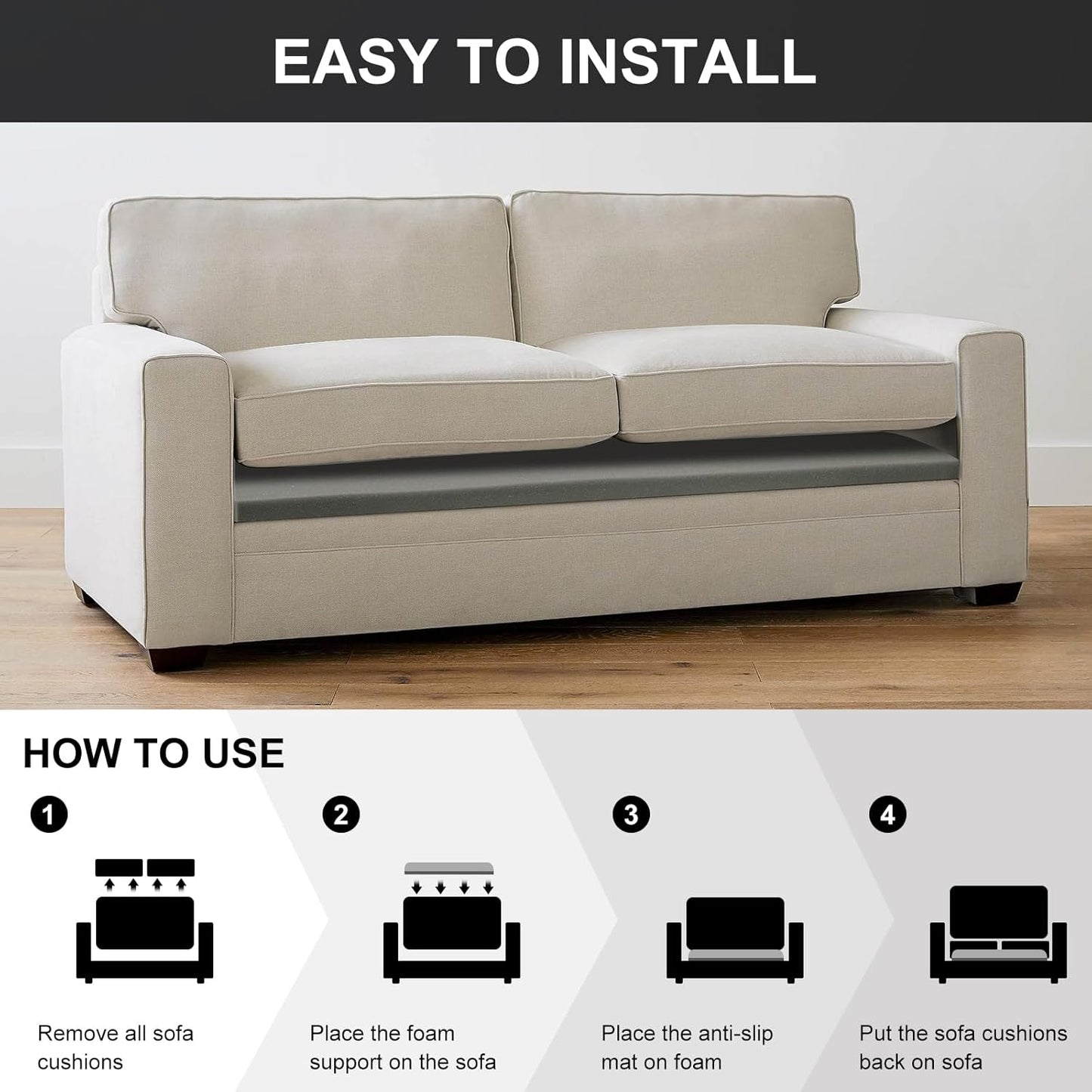 HAVARGO Couch Cushion Support High Density Foam 24X24X2.4 Inches Sofa Couch Supports for Sagging Cushions Light Grey 1Pc with Anti Slip Mesh Fabric