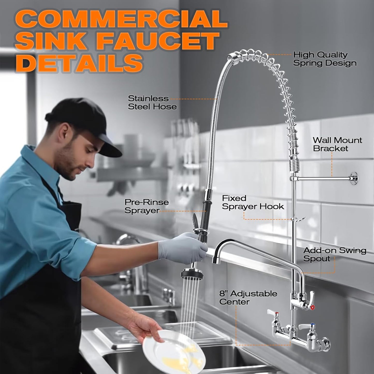 36" Height Commercial Faucet with Sprayer, 8" Adjustable Center & 12" Add-on Swing Spout, Wall Mount Pre Rinse Commercial Sink Faucet for Restaurant Industrial Kitchen