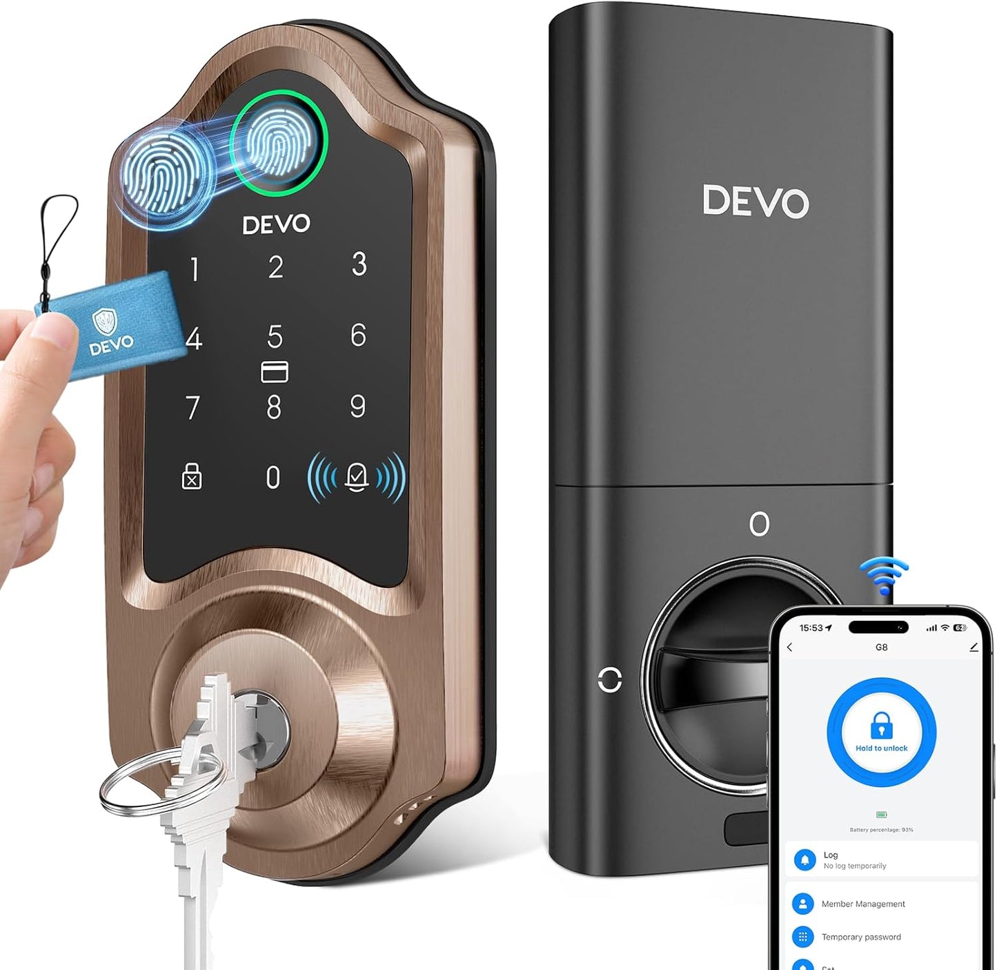 DEVO G8 Smart Lock with Doorbell - 6-in-1 Fingerprint Keyless Entry Deadbolt, Built-in Wi-Fi & APP Control, IP54 Waterproof Auto-Lock for Front Door Security, Easy Install (BHMA Certified)