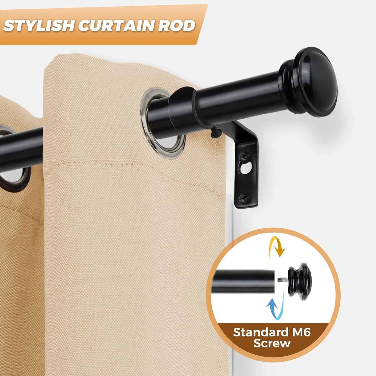TONIAL Curtain Rod 32 to 58 Inch(2.6-4.8ft), Telescoping Splicing 3/4 Drapery Rods for Windows 20 to 53 Inch(1.7-4.4ft), Decorative Single Rod with Small Cap Finial, Black