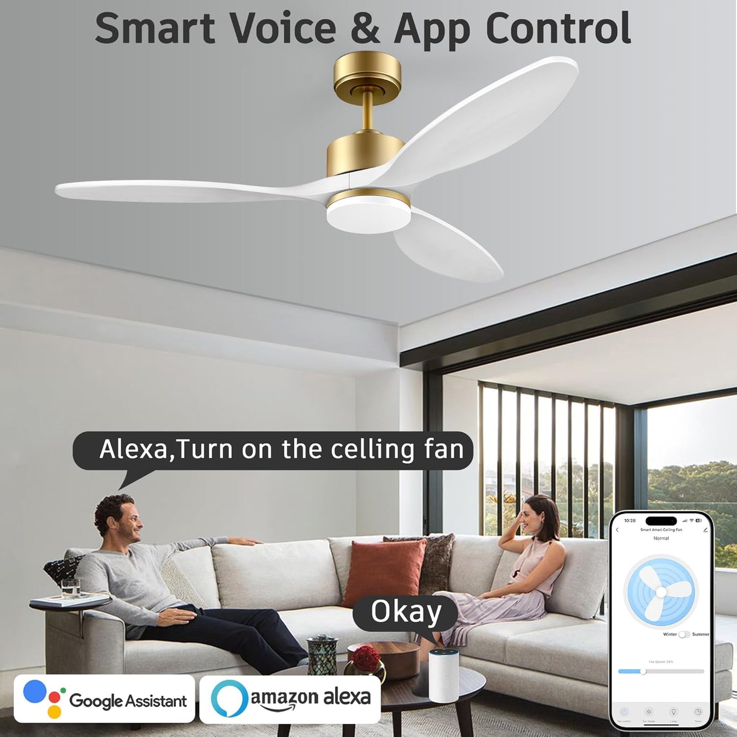 cumilo 52" Wood Smart Ceiling Fans with Remote,Quiet DC Motor,Dimmable,Control with Alexa Google Voice App,Outdoor Indoor Modern Ceiling Fan for Bedroom Patio,Gold and White