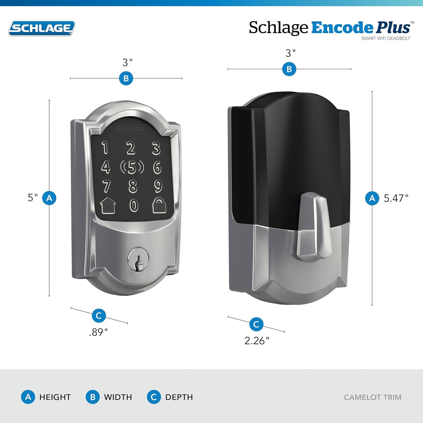 Schlage BE499WB CAM 625 Encode Plus WiFi Deadbolt Smart Lock, Keyless Entry Touchscreen Door Lock with Camelot Trim, Bright Chrome