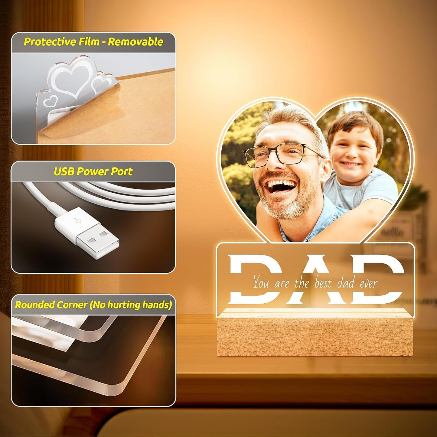Personalized Gifts for Dad from Daughter Son, Personalized Picture Frame with Photo, Custom Photo Frame with Night Light, Customized Dad Birthday Gifts