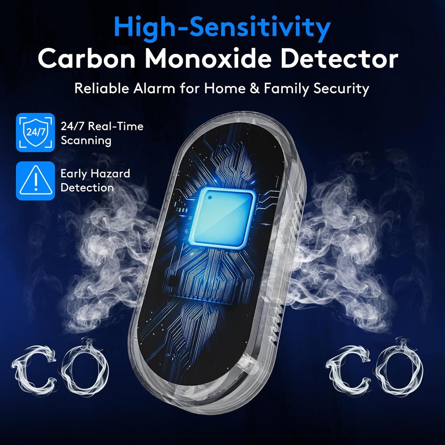 3-in-1 Carbon Monoxide Detectors with Temp & Humid, Plug in, 85dB Audible & Visual CO Alarm, LCD Digital Display, Easy to Install,Test Button, Portable for Bedroom/Office/Camper, Gives Peace of Mind