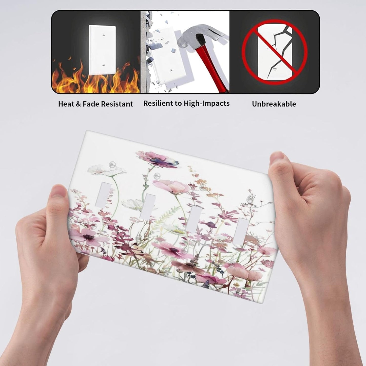 Floral Pink Watercolor Wildflowers Plant Flower Light Switch Covers Quad Toggle Electrical Faceplate 4 Gang Wall Plate Decorative Switch Plates Cover for Bedroom Living Room Decor