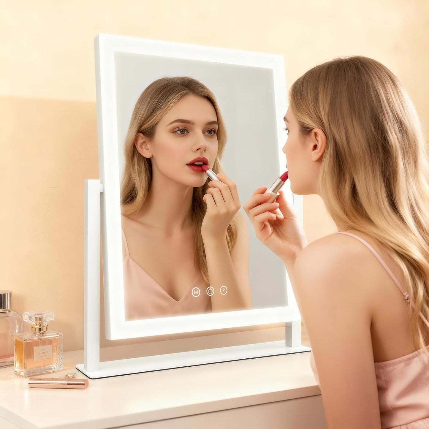 ROLOVE Vanity Mirror with Lights, Three Colors Lighting Mode, 360°Rotation, Lighted Makeup Mirror wih Stand for Desk, Bedroom, Dorm, Gifts for Women, 13x16 Inch
