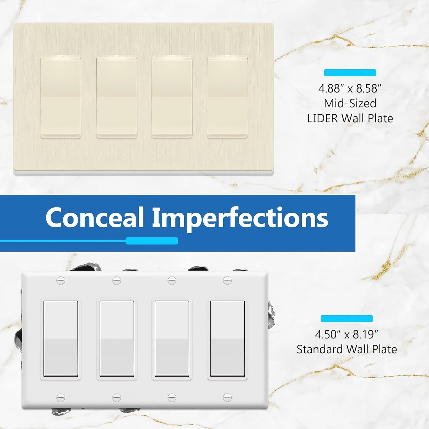 LIDER Brushed Finish Decorator Switch Cover, Screwless Wall Plate, Mid-Size 4-Gang 4.88" x 8.58", Unbreakable Polycarbonate Thermoplastic, UL Listed, LSWP-34M-BLA, Brushed Light Almond