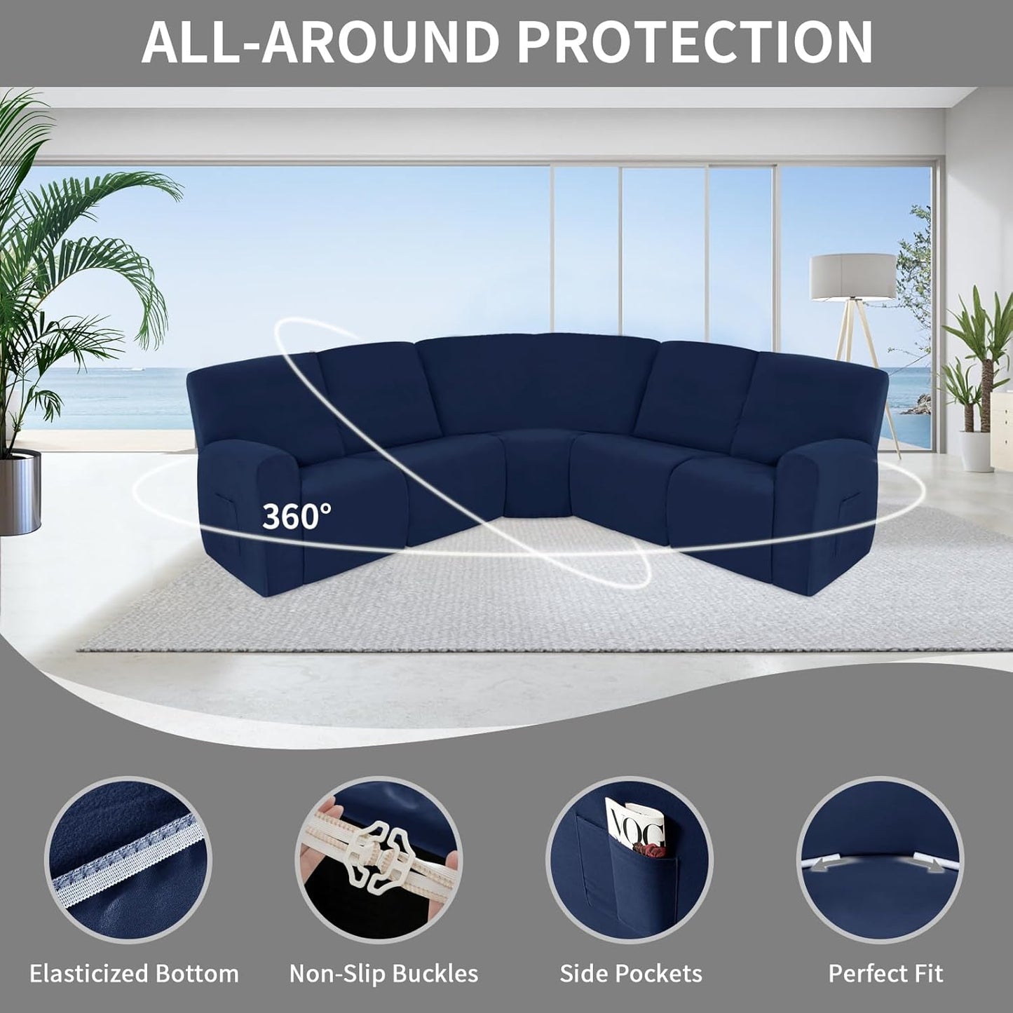 Easy-Going 100% Waterproof Recliner Cover, Stretch Couch Covers for Reclining Couches, Extra Large Sectional Sofa Slipcover, L-Shape Furniture Protector for Kids & Pets, 5 Seater, Navy