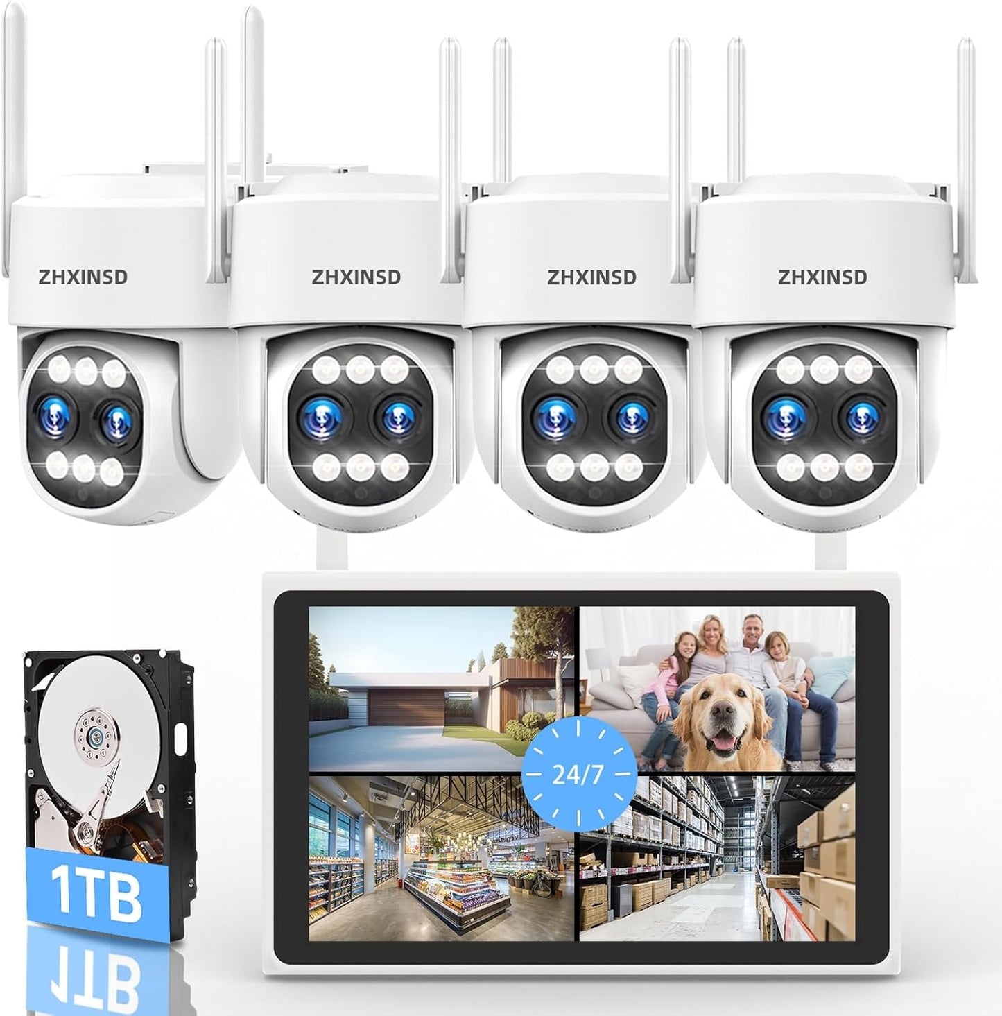 4K Security Camera System Wireless, Dual Lens 4MP+4MP 10X Zoom 2.4G/5G PTZ Cameras for Outdoor Home Security, Auto Tracking, 10” Monitor NVR Pre-Installed with 1TB HDD, 24/7 Record