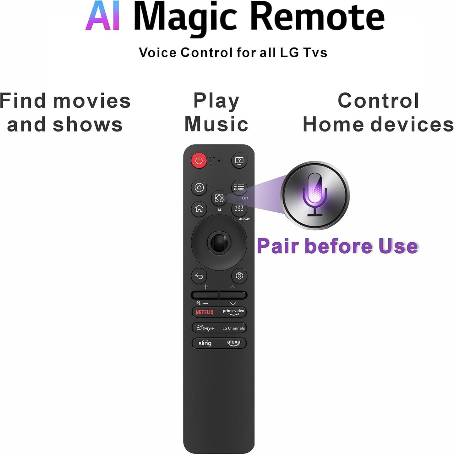 Alizen Magic AI Compatible with LG Magic Remote MR25GA 2025, for LG TV Remote replacment, AI, Pointer, Alexa Voice, Bluetooth, MR25GN, AKB76046603, C5, B5, G5, M5 Series