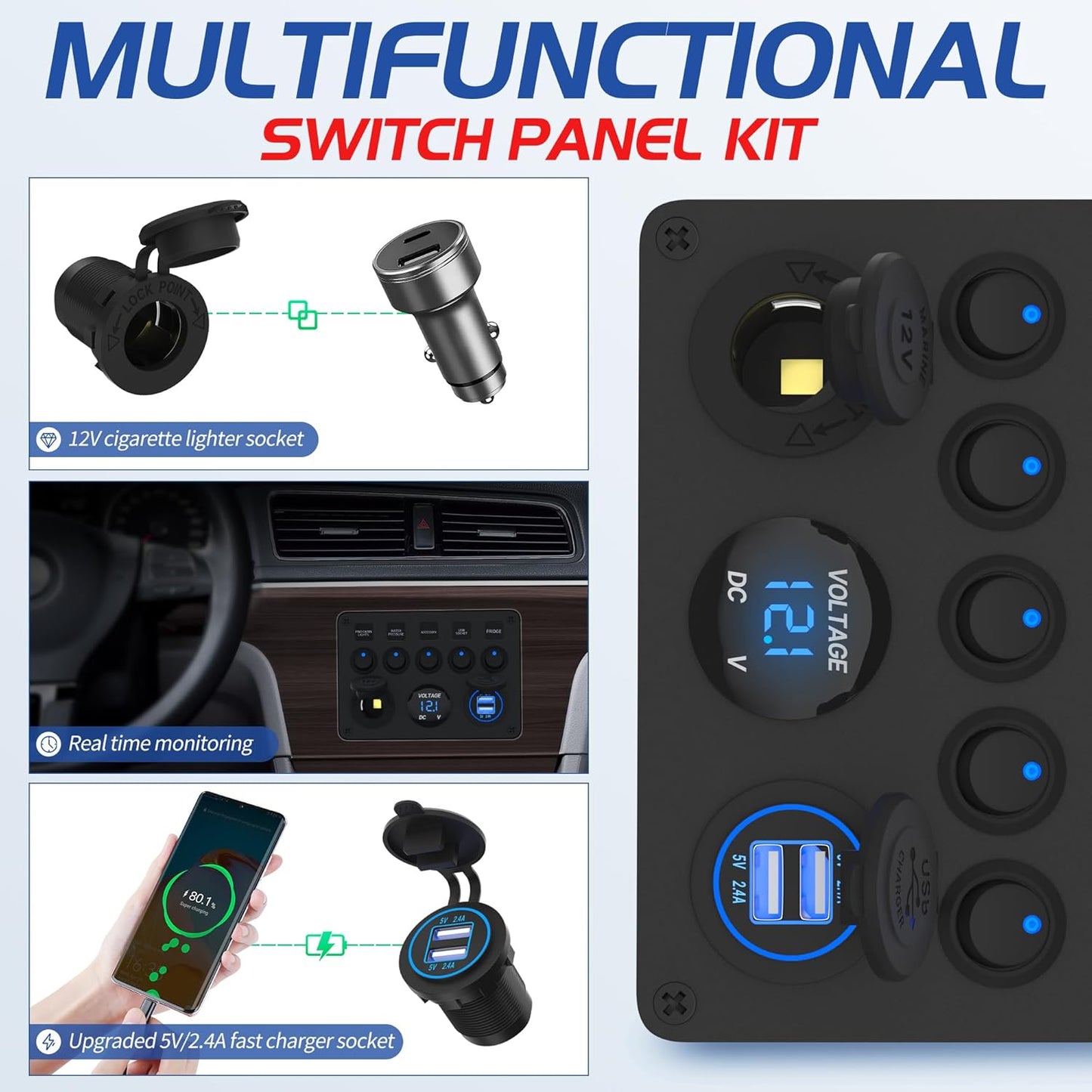 5 Gang Rocker Switch Panel UL Listed 12 Volt ON-Off Switch Panel Blue LED with Inline Fuse & 4.8A USB Charger Socket & Digital Voltmeter & 12V Cigarette Lighter Socket for Marine Boat Car