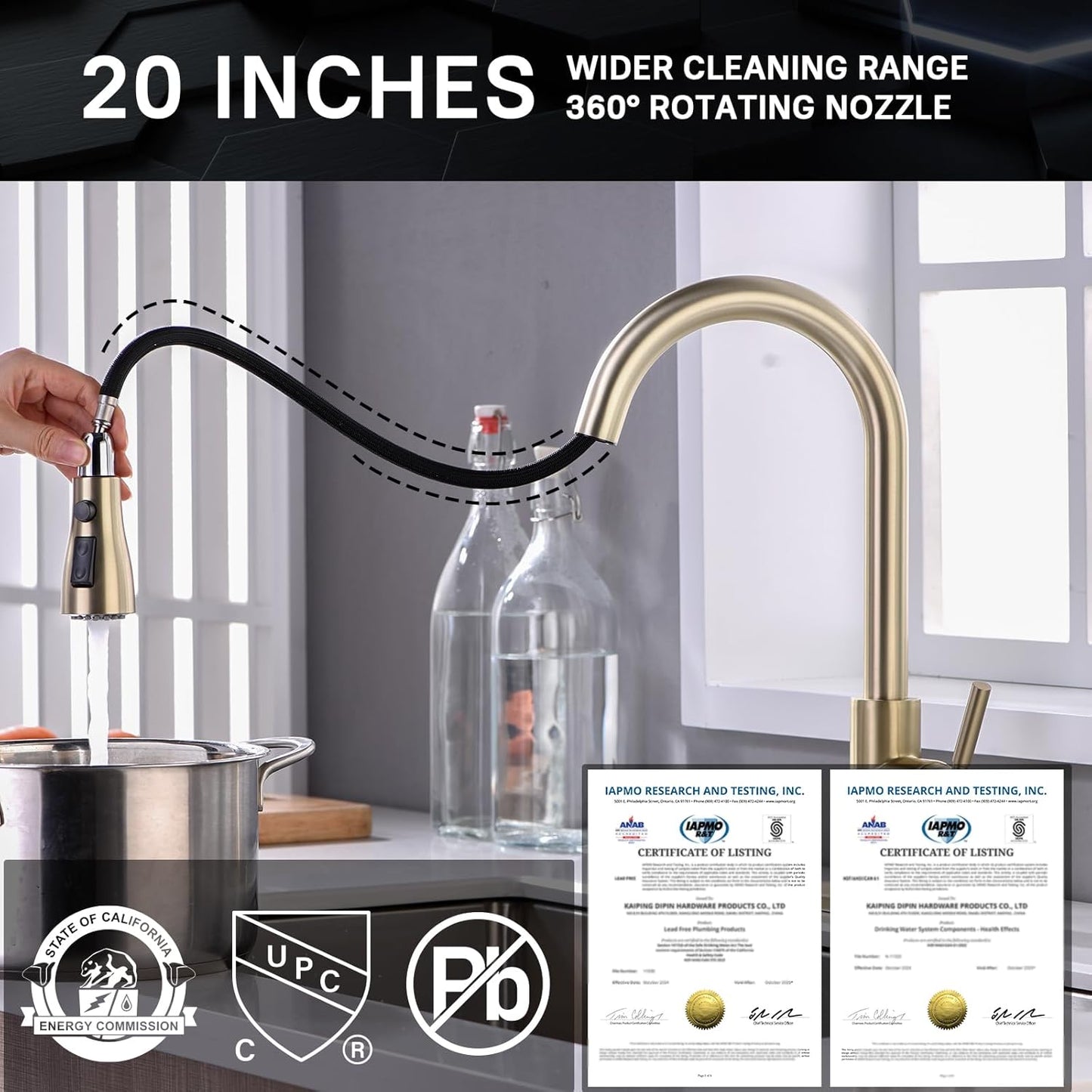 WEWE Gold Kitchen Faucet with Pull Down Sprayer, Single Handle Brushed Gold Kitchen Sink Faucets Stainless Steel Brass Copper Commercial RV 1 or 3 Hole, Champagne Bronze
