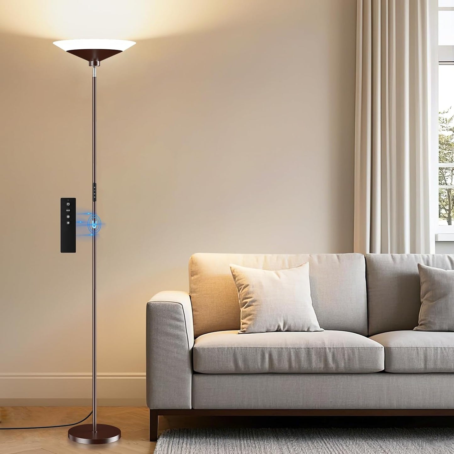 Brown Torchiere Floor Lamp - 30W Dimmable LED Standing Lamp with Remote, 4 Color Temps, Stepless Dimming, 3000-6500K, 1800LM, 72in Tall Floor Light for Office Bedroom Living Room Corner