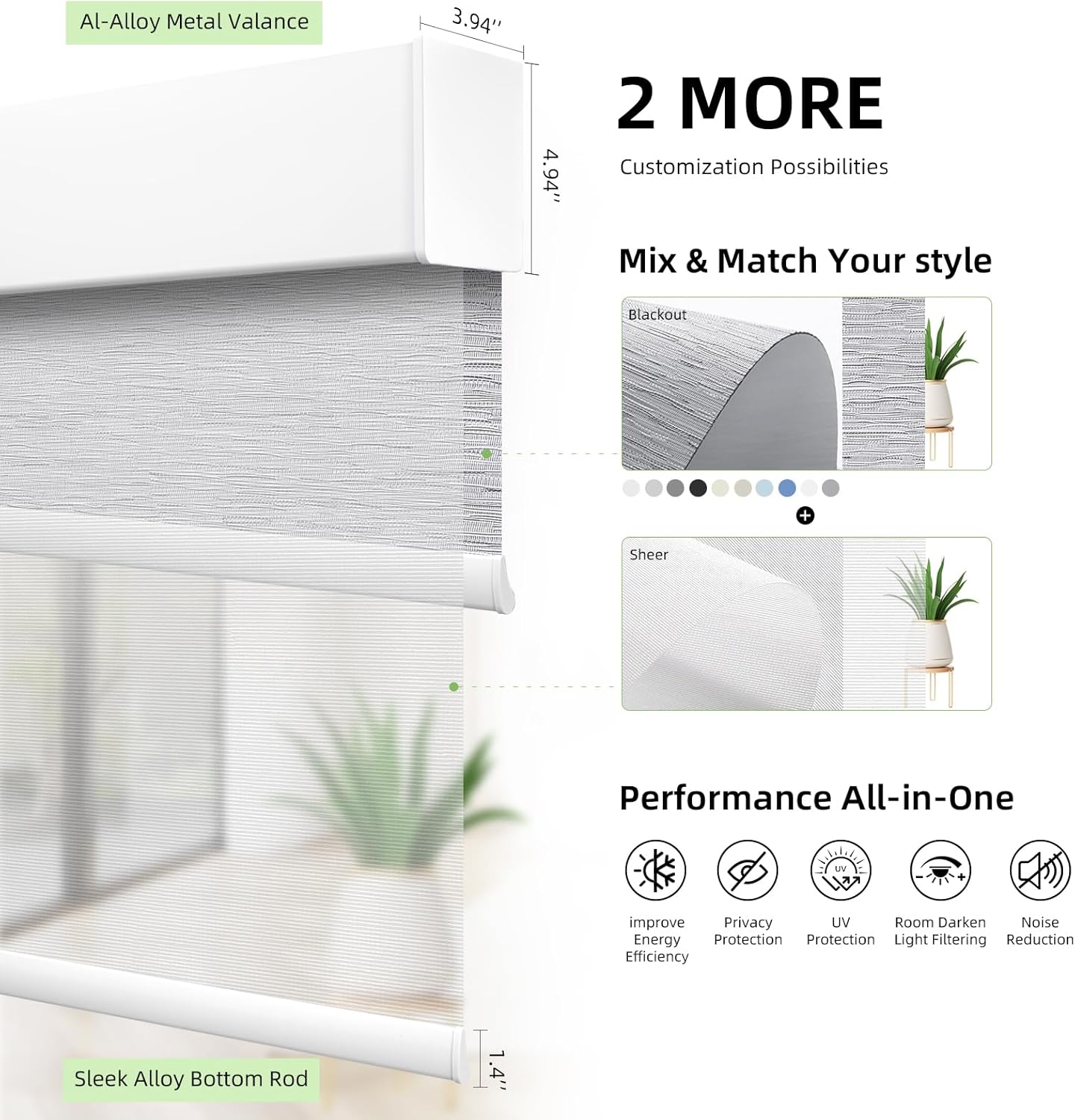ZSTARR Motorized Day and Night Dual Smart Blind for Window with Valance Rechargeable Motor,Blackout Roller Shade Custom Size,with Valance Suitable for Home,Office (Full Blackout Gray)