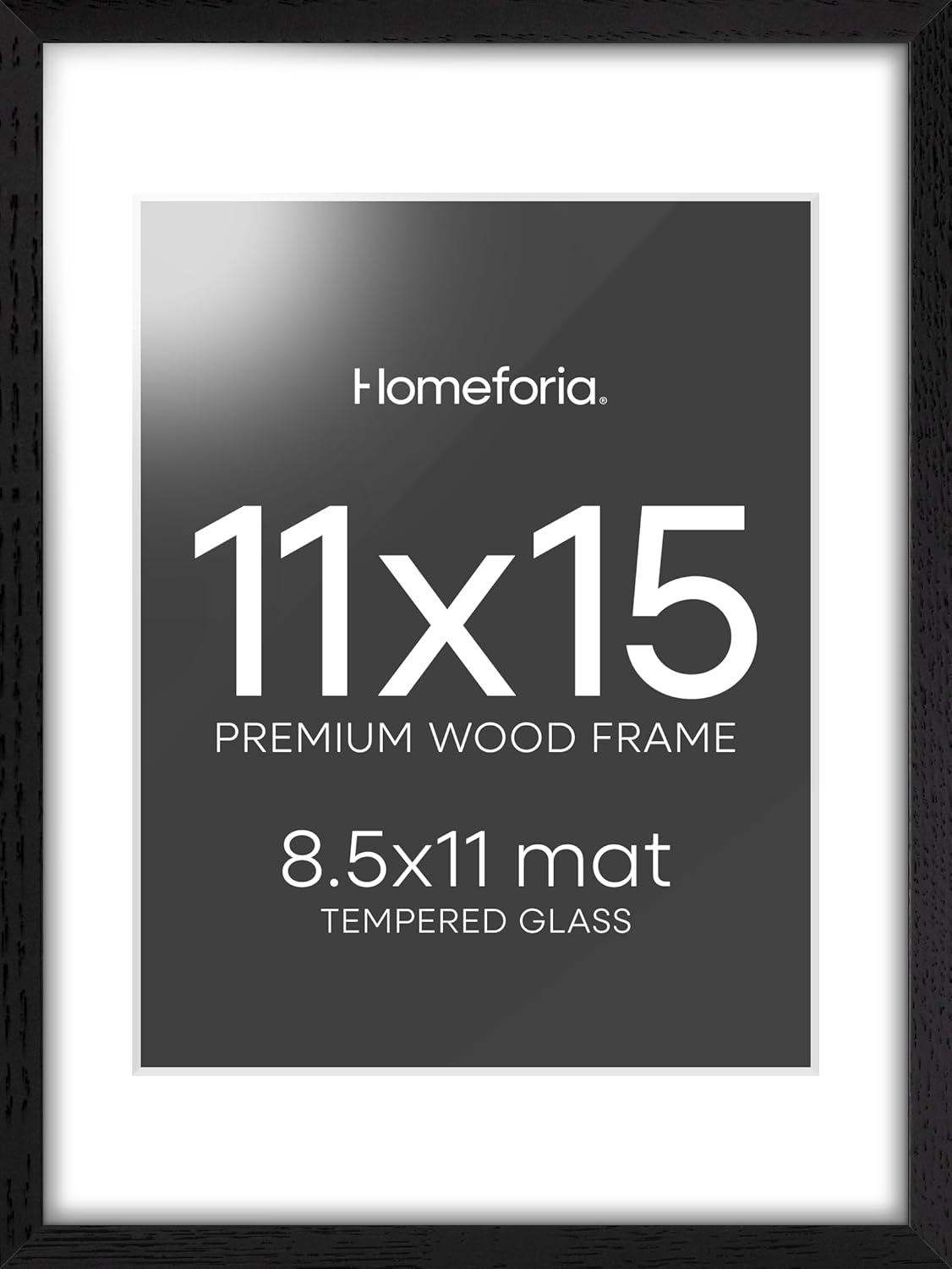 Homeforia 11x15 Picture Frame Black Wood, High End Oak 11x15 Poster Frames with Mat 8.5x11, 11 x 15 Wooden Frames Matted to 8.5 x 11 inch Photo, 15x11 Hanging Frame, Tempered Glass, Wall Kit, Set of 1