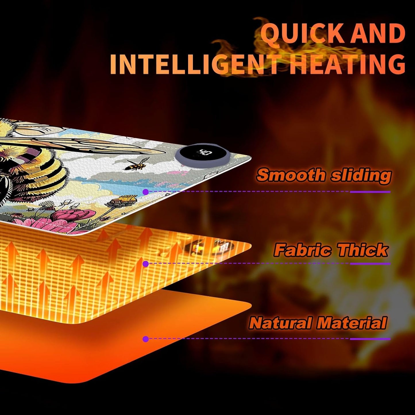 Heated Mouse Pad, Warm Desk Pad, Keyboard Mat 31.5 x 13 Inch Large Size Intelligent Fast Heating, 3 Speed Adjustable, Timed Auto Power Off for Game Office Home,Bees Collect Honey