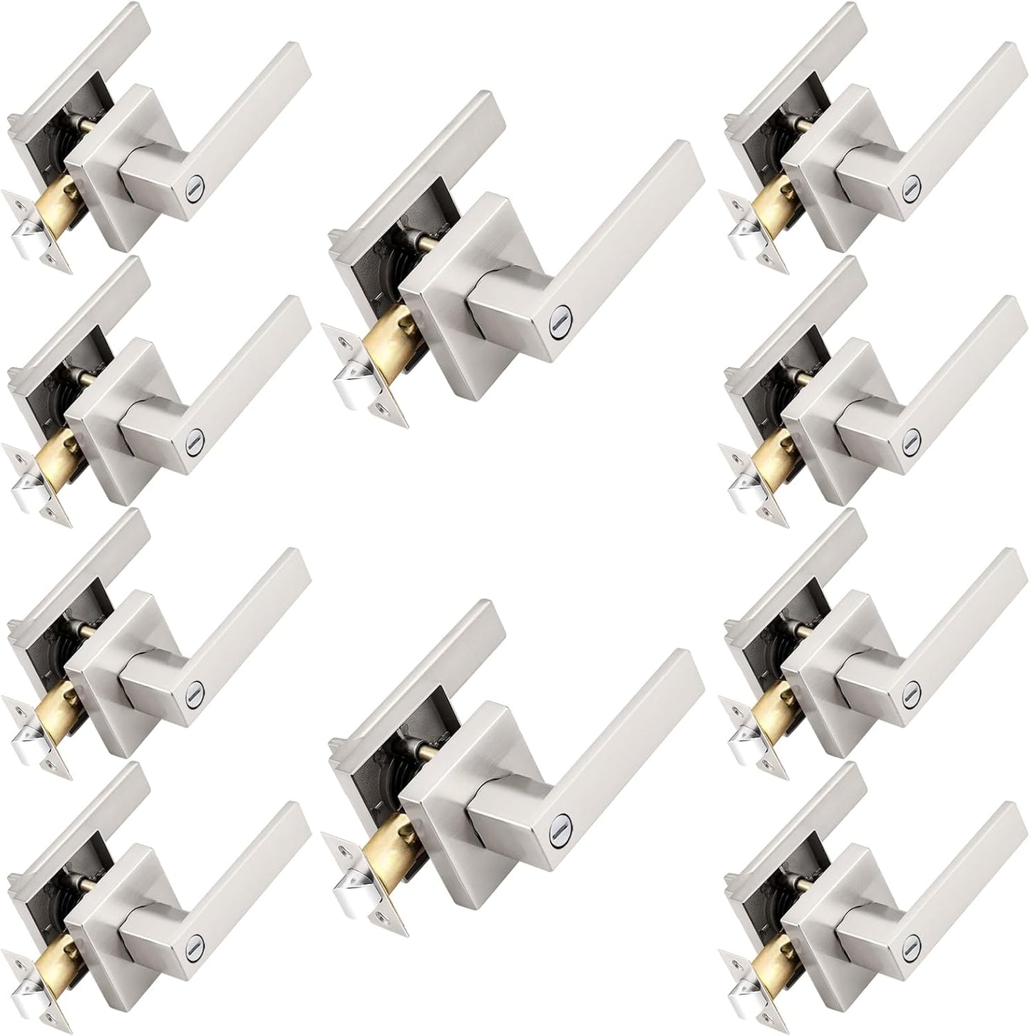 Probrico Interior Brushed Nickel Door Handle, Heavy Duty, Flat Square Privacy Door Handles, Keyless Door Levers Lockset for Bedroom and Bathroom (10 Pack, Modern)