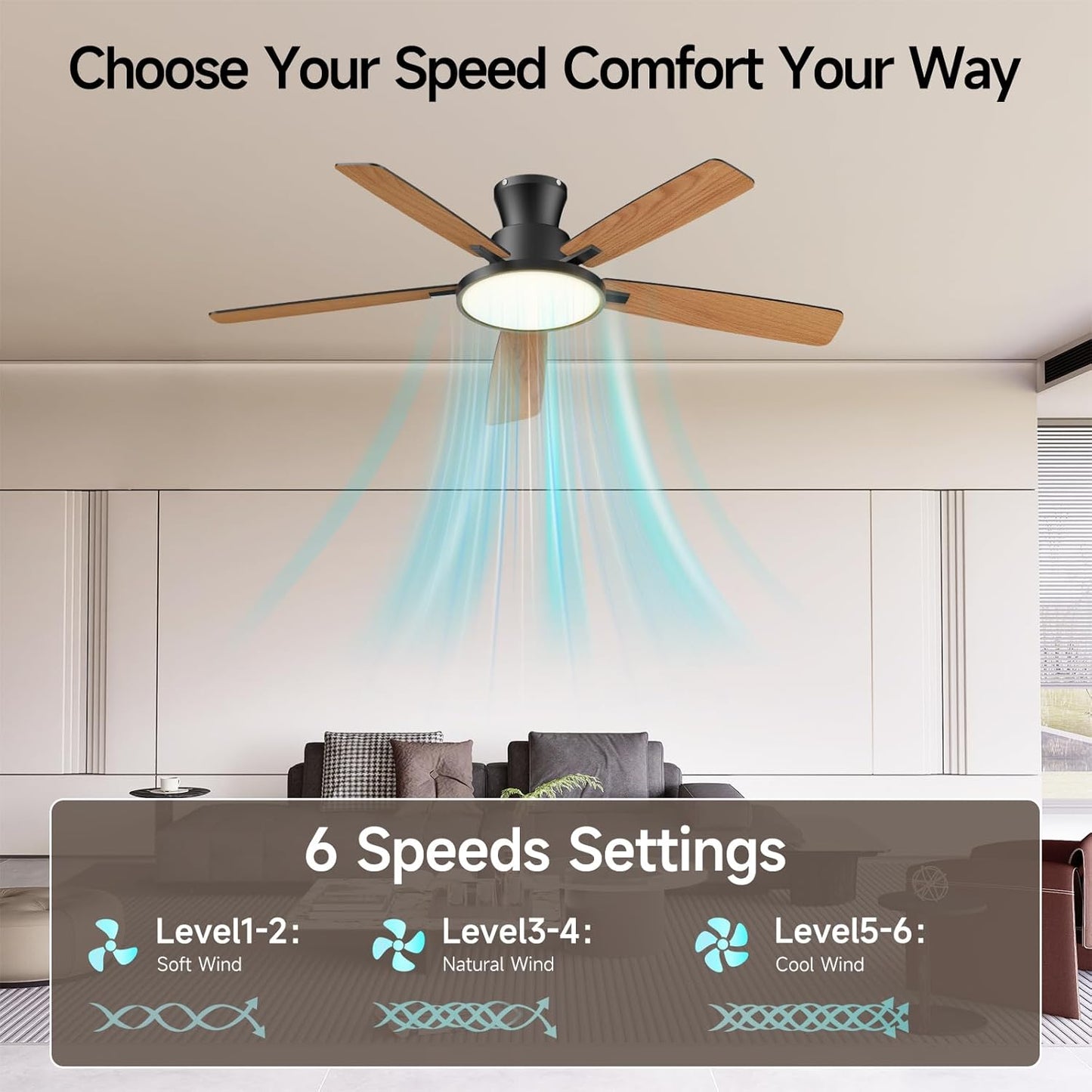 Ceiling Fans with Lights,52 inch,Quiet,Reversible Motor,Dimmable, Adjustable Color Temperature,6 Speeds,Timer, Low Profile Ceiling Fan for Bedroom,Living Room,Indoor/Outdoor Use (Black)