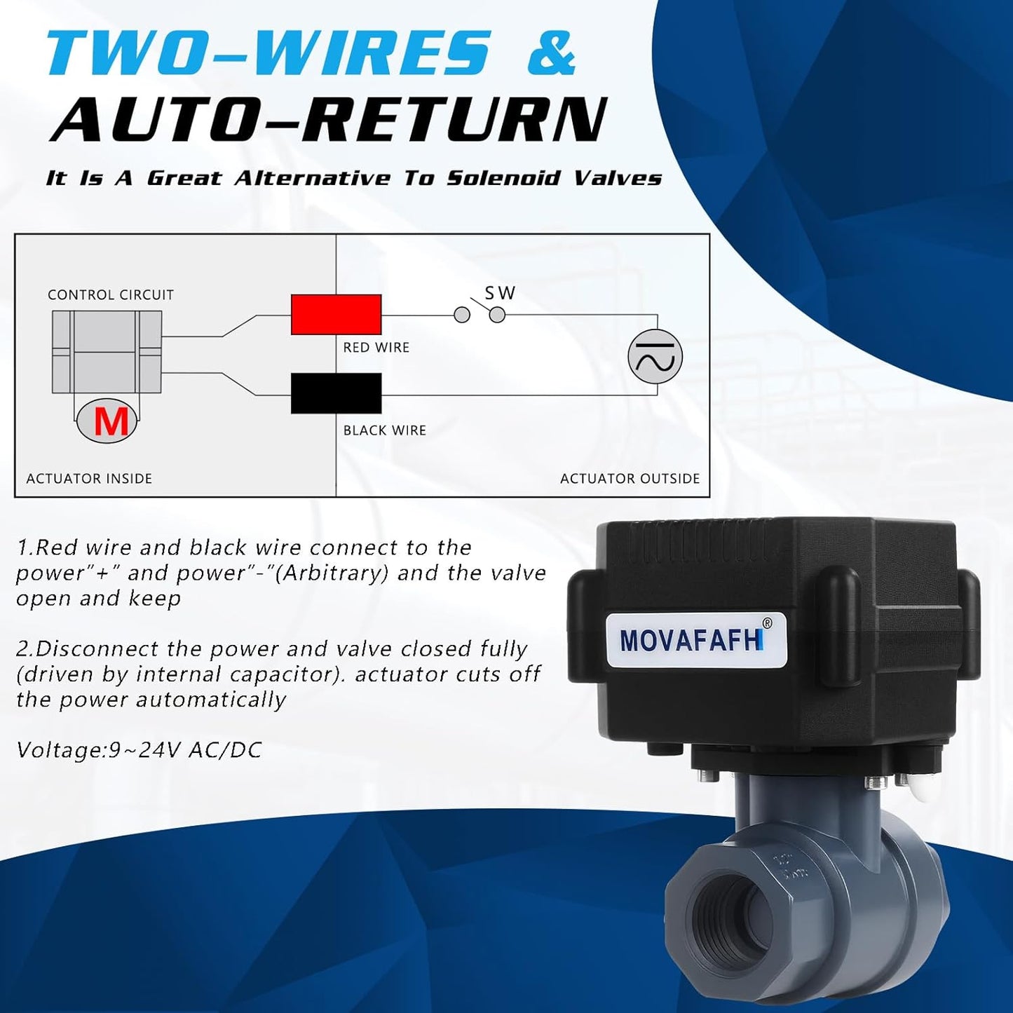3/4" Motorized Ball Valve UPVC - 2 Wire Auto Return Electric Water Valve with Full Port, 9-24V AC/DC Automatic Ball Valve