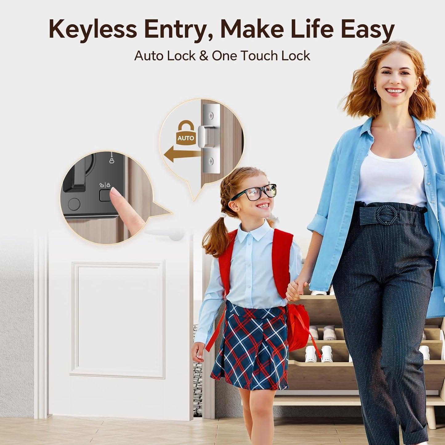 Keyless Entry Door Lock Set Smart Locks for Front Keypad Door Lock with Handle Automatic Lock One Time Password Anti Peeping Password IP54, Black