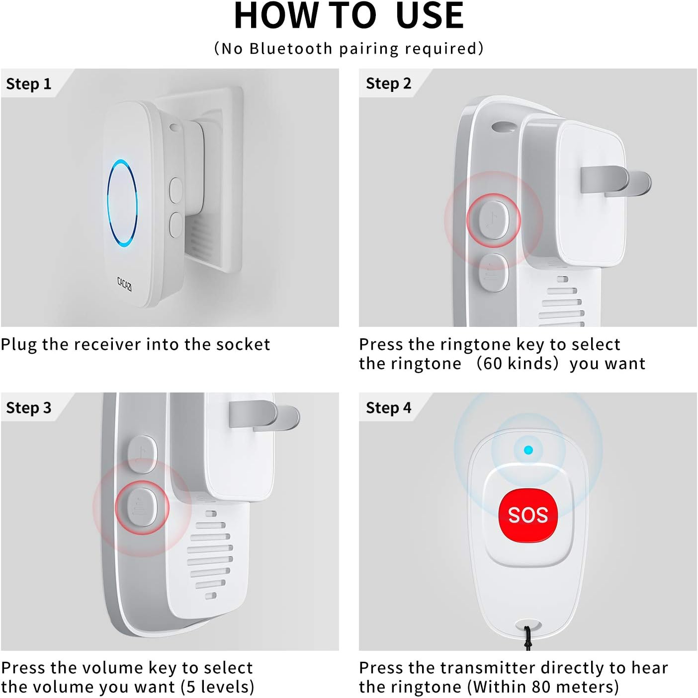 Caregiver Pagers Wireless Call Button for Elderly Patient Personal in Home Life Alert System for Seniors Range 260ft/80Menter,60 Ringtones (1SOS Button+1 Receiver)