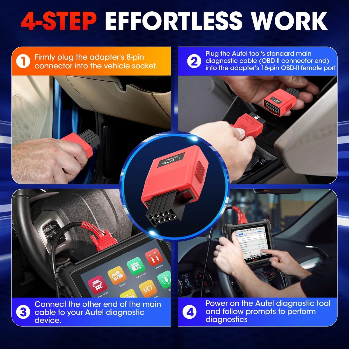 Autel Original MaxiSYS 8-Pin CV Adapter for Volvo, 8 Pins to OBD2 16 Pins for Volvo Off-Highway Cable Connector, Work w/Autel Heavy Duty Truck Scanner MS908CV MS908CV II MS909CV MS906CV MaxiFlash VCI
