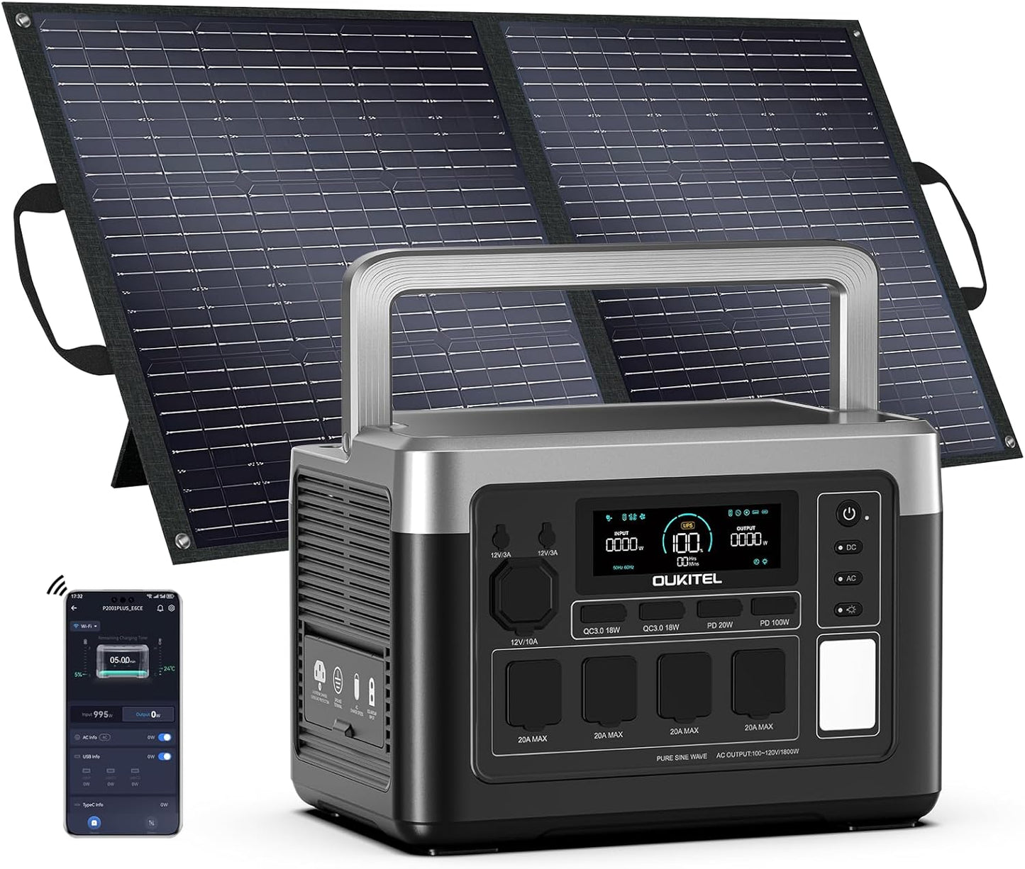 OUKITEL P1000 Plus 1800W/1024Wh Power Station with 100W Solar Panel, 1200W Fast Charging, Solar Generator with 4 AC Outlets (3600W Peak), APP Control Battery Backup for Home, Camping & RVs