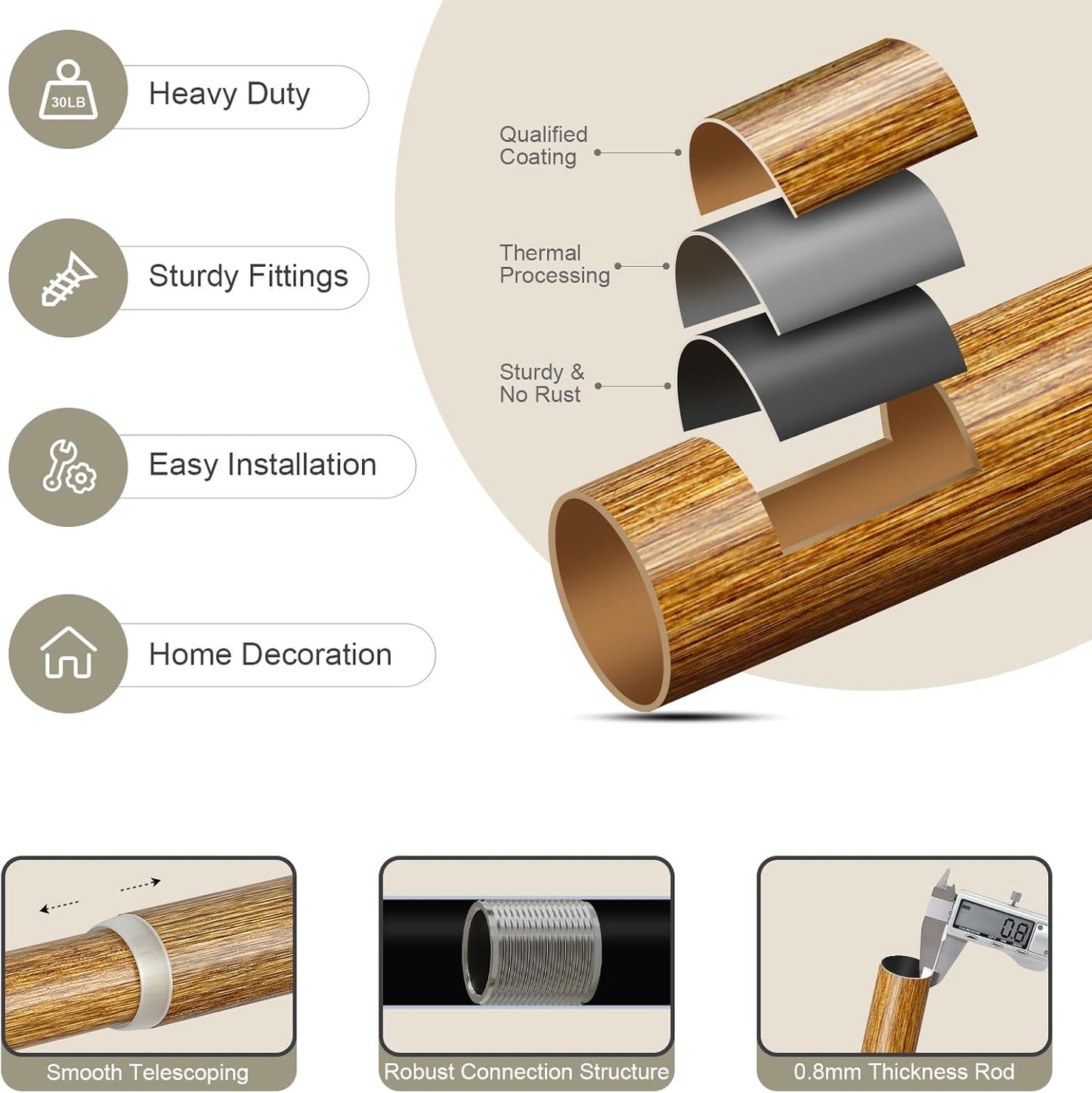 Wood Curtain Rods for Windows 72 to 144 Inch, 1'' Adjustable Heavy Duty Curtain Rod，Vintage Imitation Wood Grain Decorative Drapery Rods with Pumpkin Finials for Bedroom Living Room