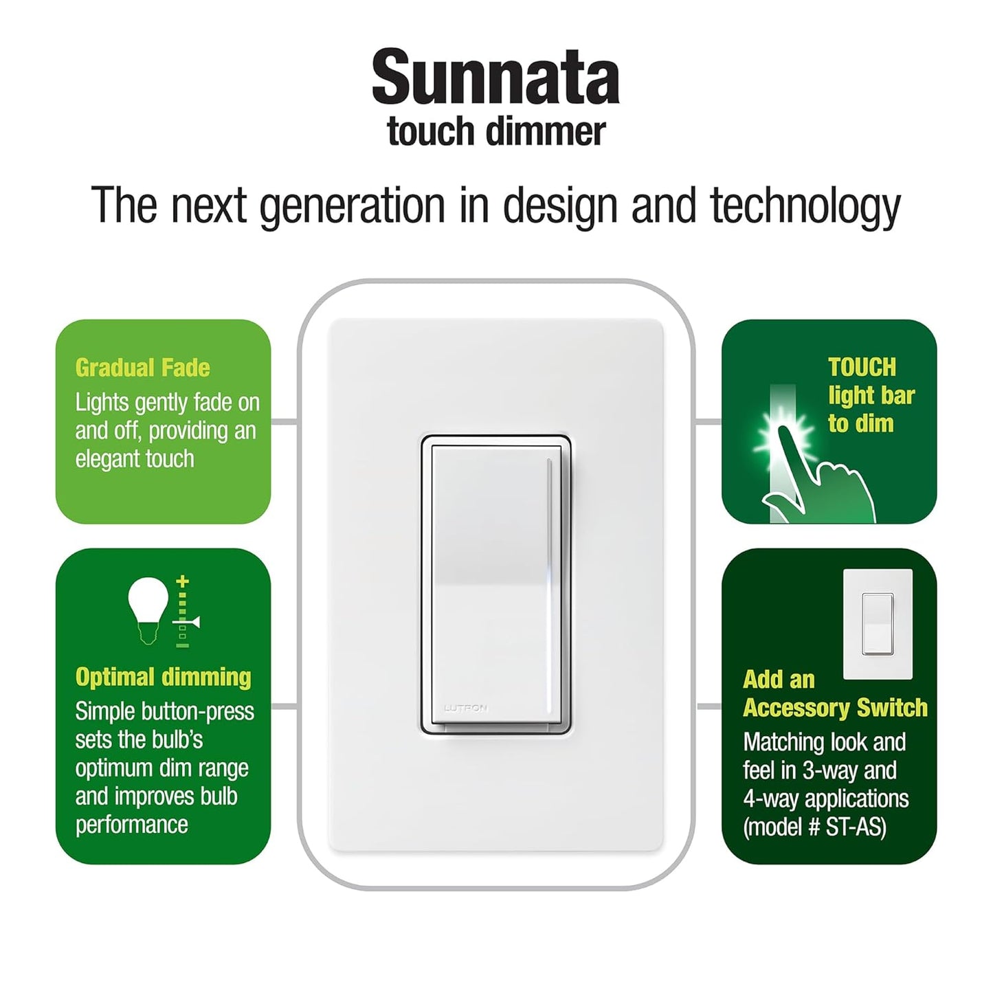 Lutron Sunnata Touch Dimmer Switch with Sunnata Accessory Switch with Wallplates, for 3 Way Applications, 150W LED, White