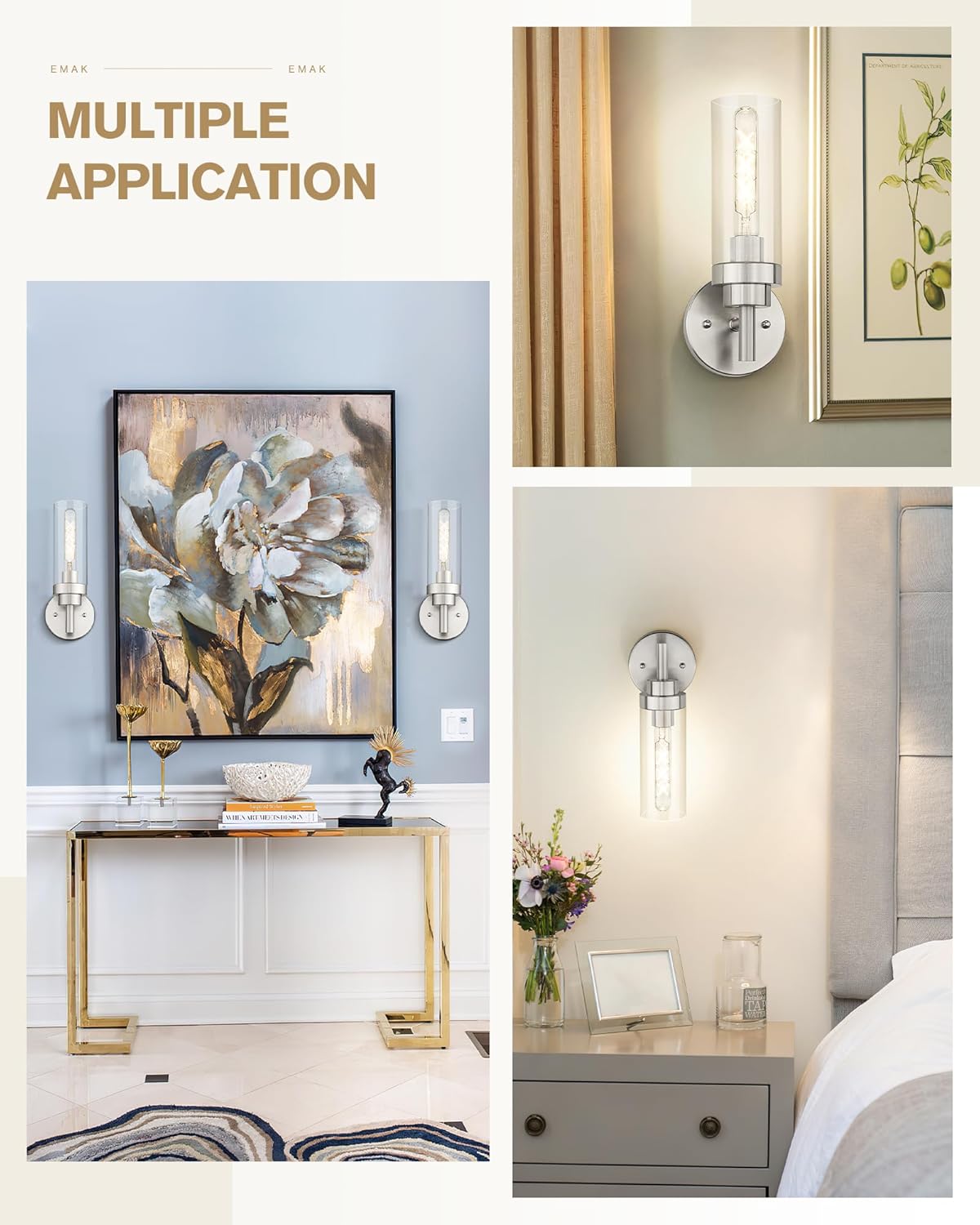 Emak Modern Wall Lights, Brushed Nickel Wall Sconces Set of 2, Bathroom Vanity Light with Clear Glass Shade for Bathroom, Bedroom, Living Room, Hallway, WS085-BN-2PK