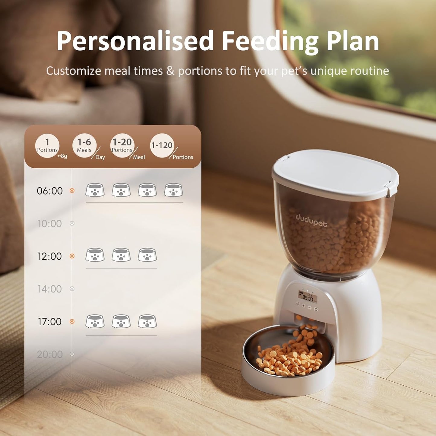 5L/21 Cup Automatic Cat Feeder, Timed Cat Food Dispenser, Automatic Pet Feeders Up to 6 Meals 1-20 Portion, Dual Power Supply Cats Feeder with Stainless Steel, Pet Dry Food Dispenser for Cats & Puppy