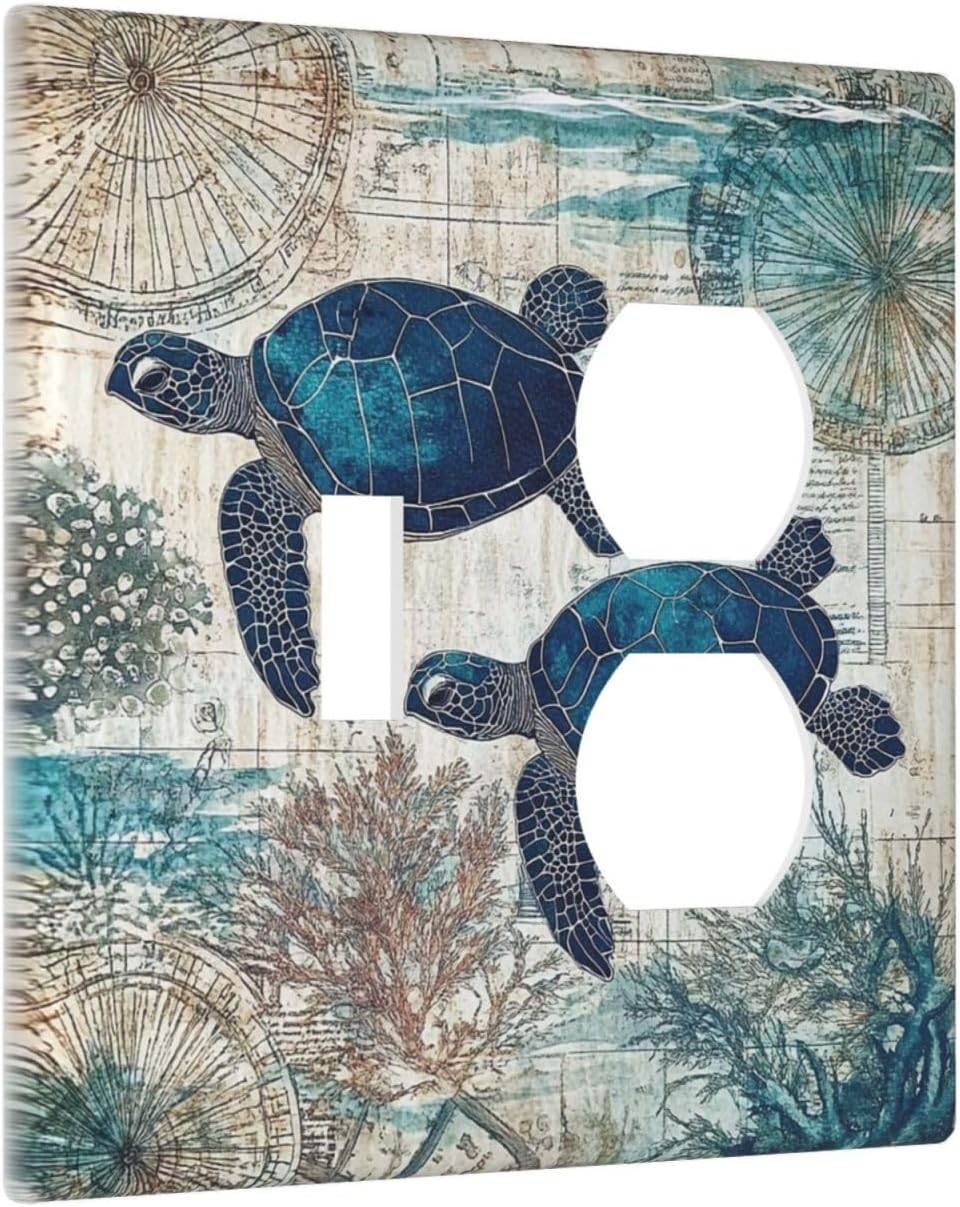 Blue Green Sea Turtle Tropical Ocean Coral Nautical Map Wallplates 1 Toggle 1 Duplex Switch Plate Electrical Gfci Faceplate Decorative Light Switch Covers For Bed Room Bathroom Decor