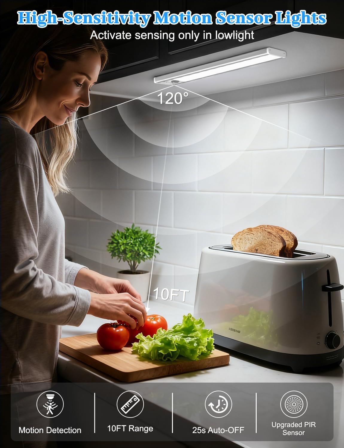 12in Under Cabinet Lighting with Charging Station, 2500mAh Rechargeable Wireless Motion Sensor Lights Indoor,Closet Lights with 3 Color Tempers, Battery Operated Cabinet Lights for Kitchen, 3-Pack