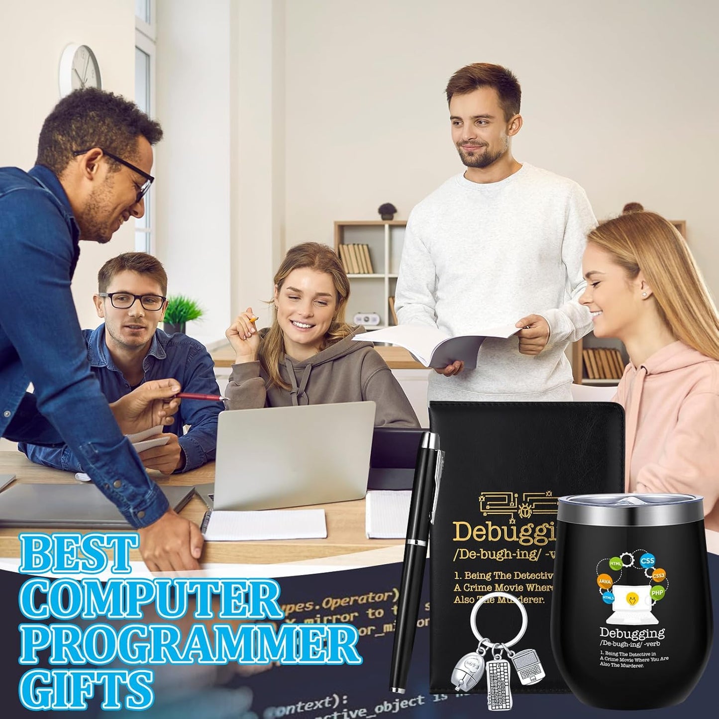 6 Pcs Computer Programmer Gifts for Men Debugging Definition Programmer Gifts 12oz Stainless Steel Cup Socks Keychain Pen Notebook Box for IT Developers Computer Geeks Nerd Hackers Coders